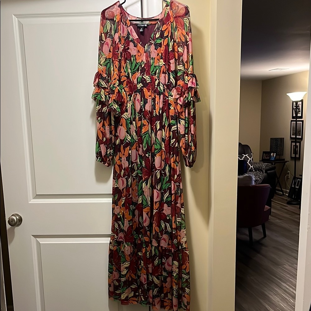 Antthony Pink and Green V-Neck Sundress with Bishop Sleeves